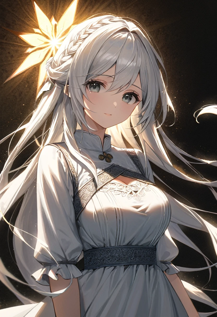 a peasant girl in a white dress, long hair, white hair, beautiful gray eyes, one small metal hairpin on hair ,detailed clothing, serene expression,(best quality,masterpiece),cinematic lighting,intricate texture,simple background,small breasts,look at viewer,