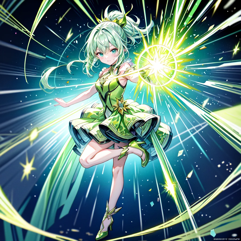 masterpiece, Highest quality, Anime Style, Green crystal girl, Long pink hair, ponytail, blue eyes, green glass, Transparency, Green light particles, Green Aura, effect, action, Flying kick, Stiletto heels, Translucent green clothing, wind effect dancing from the hands, Shiny green background, Full Body Shot, White light particles, yellowの光粒子, Gloss, Gloss, Three-dimensional, Concave and convex, Explosive power, Spirit, There is a sense of tension, urgent, And fierce battle; This composition depicts the girl from a distance; A powerful green energy wave is released; Lightning flashes behind her, The surroundings are illuminated in green.. She is surrounded by a blue aura, purple, yellow. Powerful and dramatic. Dynamic and colorful visuals. This anime uses soft, watercolor-like brushstrokes to create delicate lines., Multiple cells are stacked、The texture of the ink is expressed. Bringing out quality through meticulous work., Gloss感, Gloss