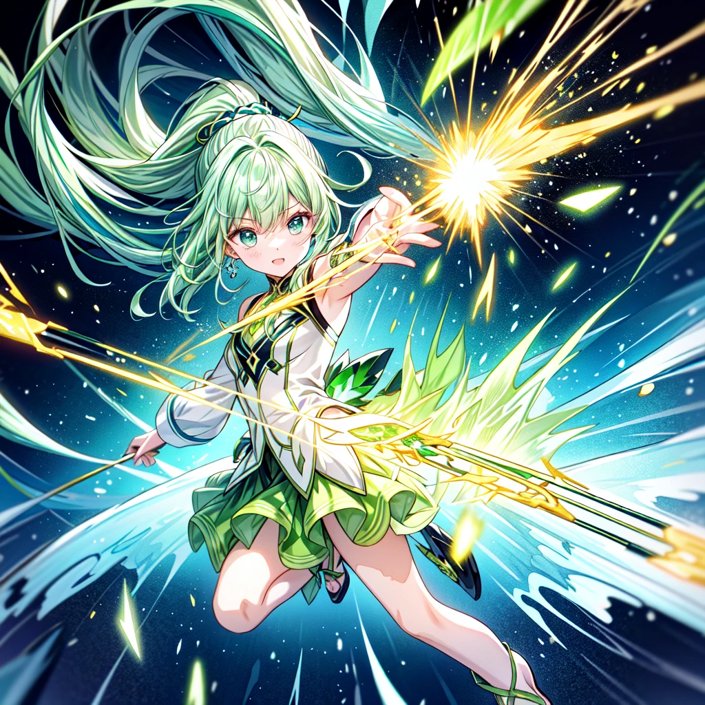 masterpiece, Highest quality, Anime Style, Green crystal girl, Long pink hair, ponytail, blue eyes, green glass, Transparency, Green light particles, Green Aura, effect, action, Flying kick, Stiletto heels, Translucent green clothing, wind effect dancing from the hands, Shiny green background, Full Body Shot, White light particles, yellowの光粒子, Gloss, Gloss, Three-dimensional, Concave and convex, Explosive power, Spirit, There is a sense of tension, urgent, And fierce battle; This composition depicts the girl from a distance; A powerful green energy wave is released; Lightning flashes behind her, The surroundings are illuminated in green.. She is surrounded by a blue aura, purple, yellow. Powerful and dramatic. Dynamic and colorful visuals. This anime uses soft, watercolor-like brushstrokes to create delicate lines., Multiple cells are stacked、The texture of the ink is expressed. Bringing out quality through meticulous work., Gloss感, Gloss