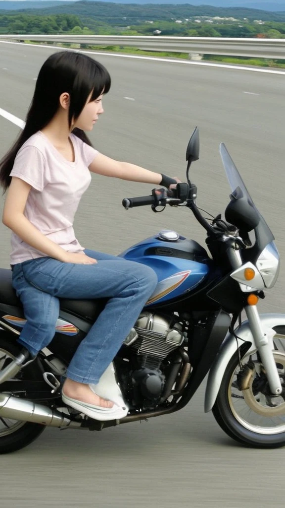 Japanese girl in her 20s driving a motorbike on the highway