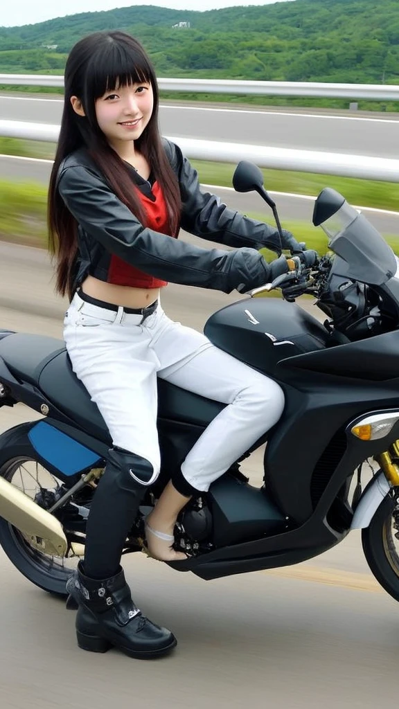 Japanese girl in her 20s driving a motorbike on the highway