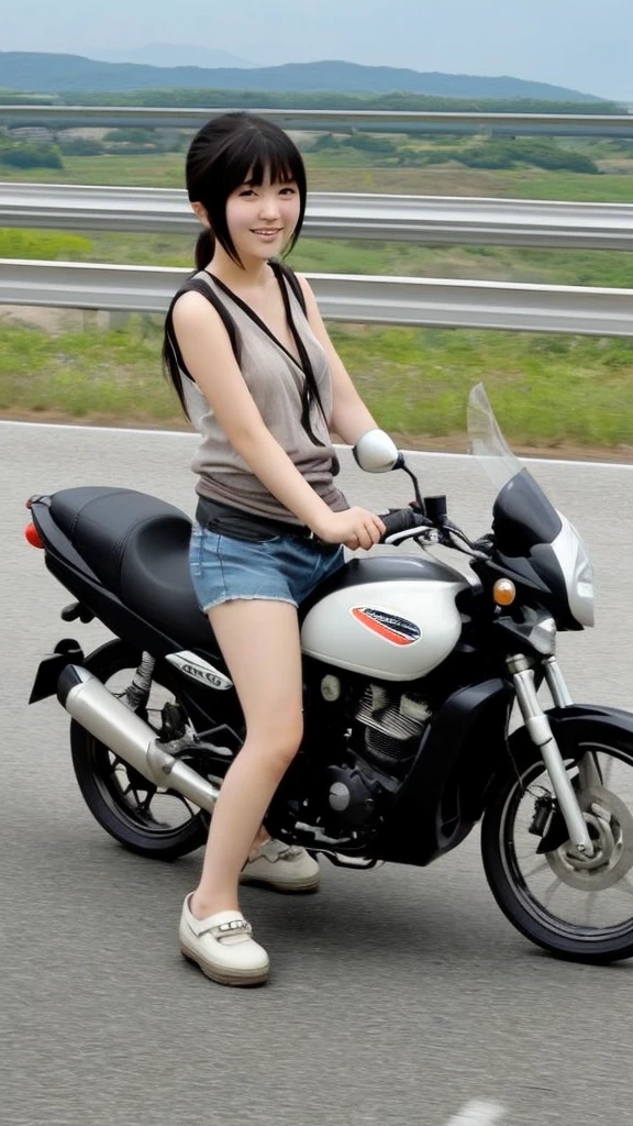 Japanese girl in her 20s driving a motorbike on the highway