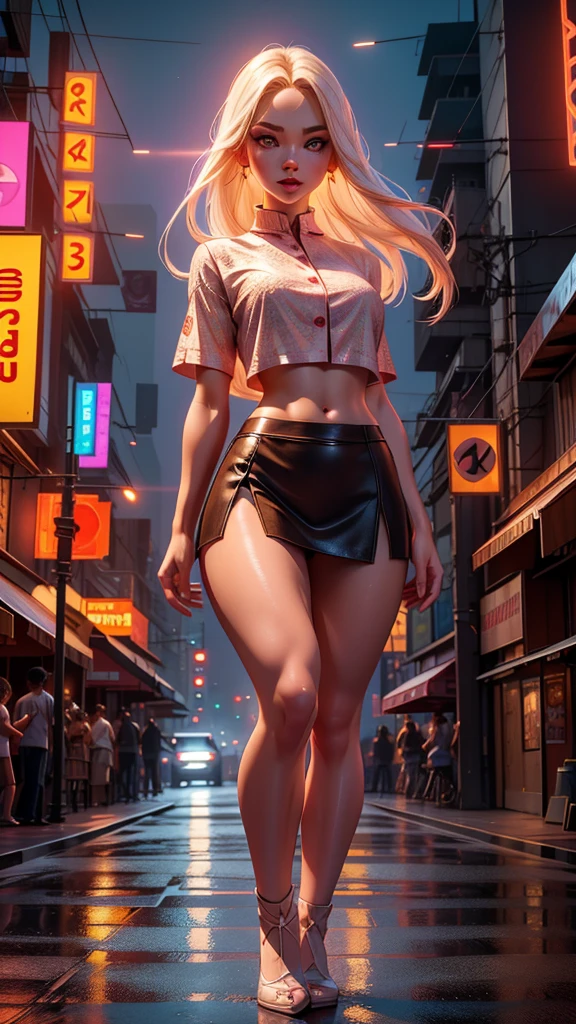 Full body frontal view of an albino woman with freckles, highly detailed face, large, well-detailed eyes, extremely beautiful, extremely slender, symmetrical body, thin waist, wide hips, thighs (thick with muscles), sensualizing with her mouth, with a highly exciting seductive expression, wearing short brown leather skirt, and a short pink blouse, showing her belly, in the busy neon-lit night streets of Bangkok, ultra-realistic image, perfect symmetry, vibrant and sharp, dynamic vision, high level of detail and definition, 1200 PPI - Photographic resolution with greater color realism, hyper-realistic, high fidelity, cinematic, 16K UHD image resolution.