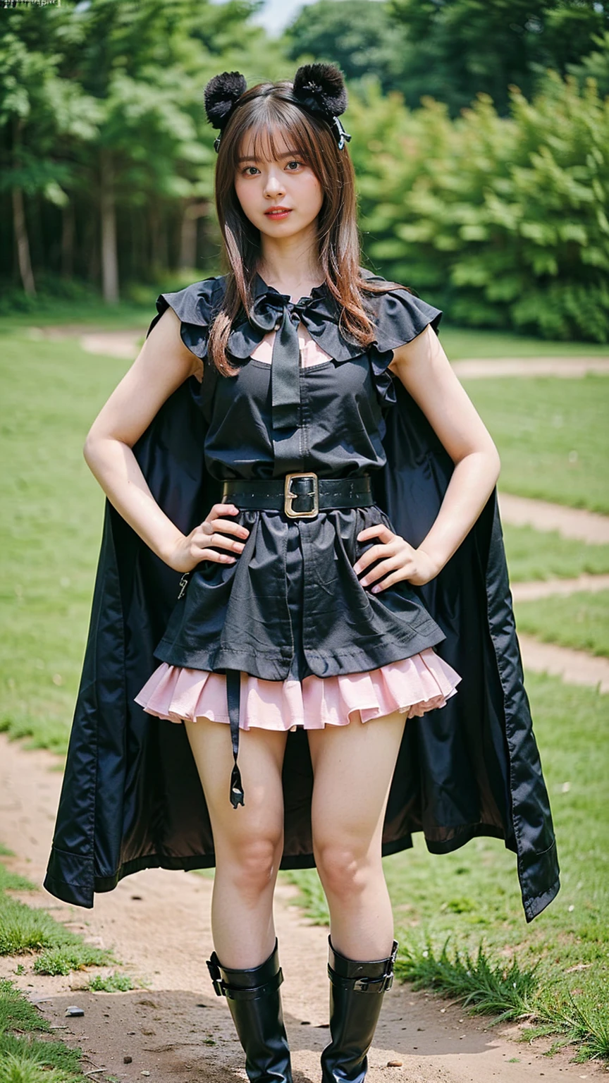 (8K、RAW Photos、Highest quality、masterpiece:1.2)、(Realistic、Realistic)、1 Girl、((mini skirt、Cape、See-through、Frills、Sleeveless、Pink and black、Thin legs、whole body、boots、one piece、garden、View from the front、Looking into the camera、belt、Stand with hands on hips))、cute
