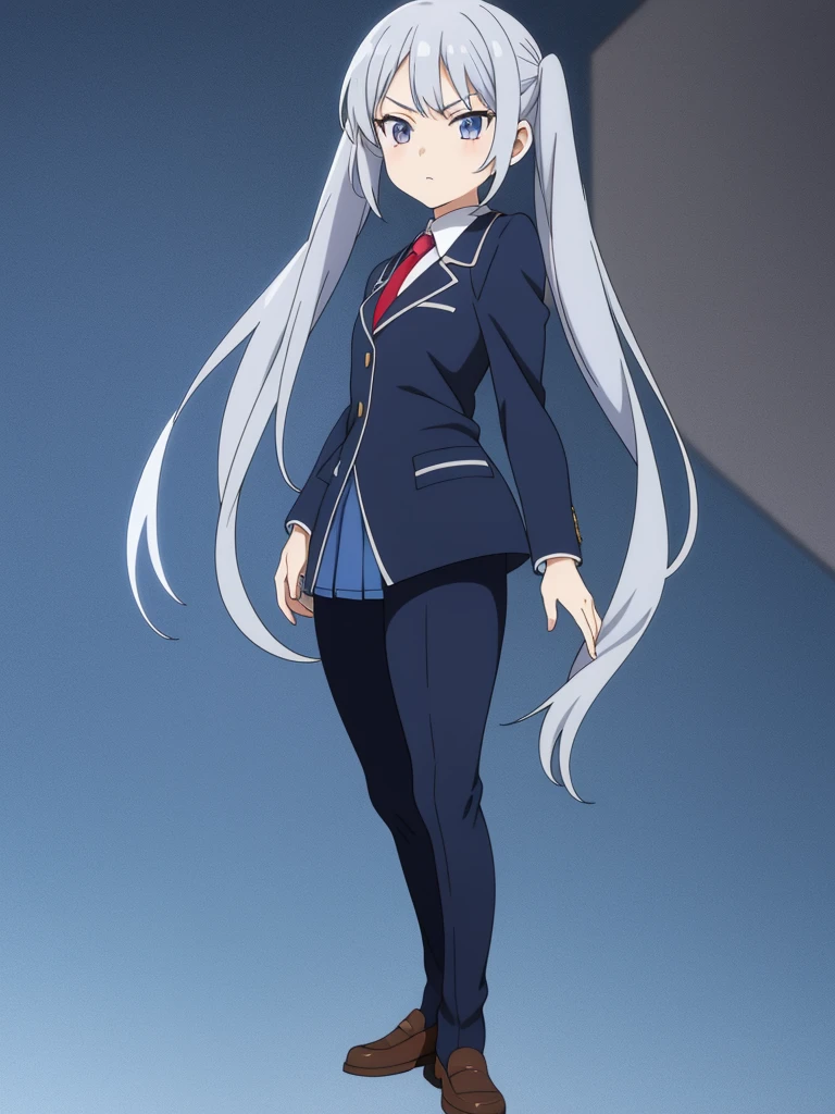 1girl, anime girl, silver hair, long twintails, silver eyes, dark blue school suit, anime wallpaper scene, powerful