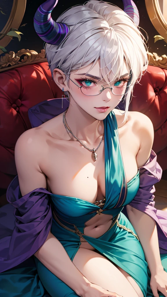 8k, masterpiece, best quality, highly detailed, 1 girl, tiefling, warlock, multicolored hair, very short straight hair green highlight hair on white hair, strippled hair, wearing glasses, round glasses, earrings, red eyeshadow, long eyelashes,navel piercing, blushed cheek, necklace, collarbone, mole, glamorous, purple and teal clothing, villainy, smirk, seductive face, close up view, rings, looking at viewer, demon horns, solo, chinese dress, ballroom, palace, blue pale moon, sitting, 