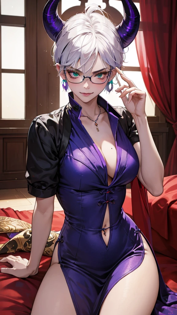 8k, masterpiece, best quality, highly detailed, 1 girl, tiefling, warlock, multicolored hair, very short straight hair green highlight hair on white hair, strippled hair, wearing glasses, round glasses, earrings, red eyeshadow, long eyelashes,navel piercing, blushed cheek, necklace, collarbone, mole, glamorous, purple and teal clothing, villainy, smirk, seductive face, close up view, rings, looking at viewer, demon horns, solo, chinese dress, ballroom, palace, blue pale moon, sitting, 