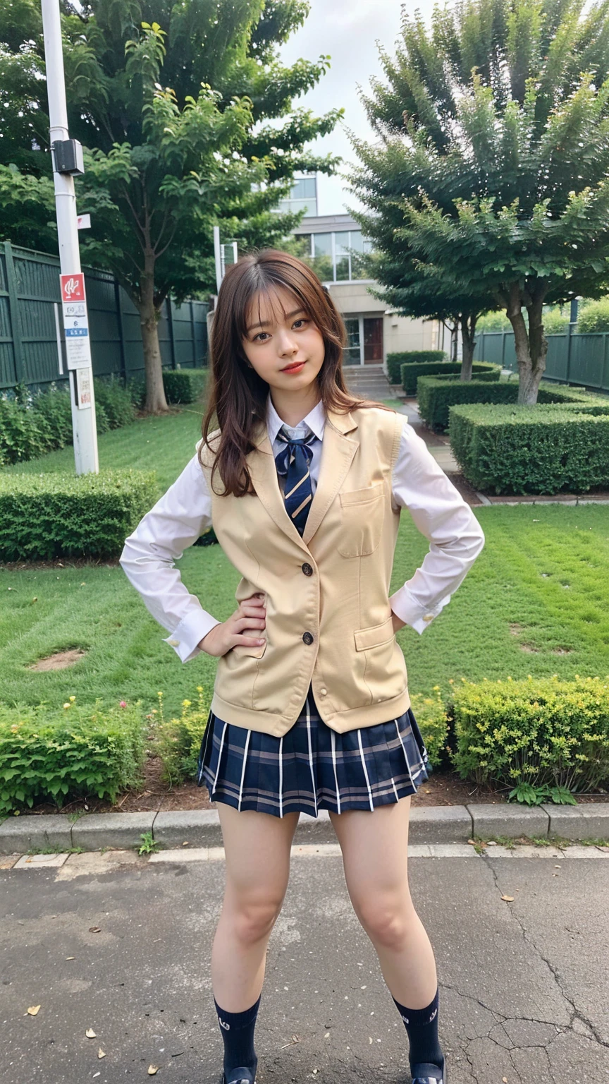 (8K、RAW Photos、Highest quality、masterpiece:1.2)、(Realistic、Realistic)、1 Girl、((Black Check Mini Skirt、High School Uniform、blazer、Navy Socks、loafers、Medium Hair、garden、View from the front、Looking into the camera、Stand with hands on hips))、cute