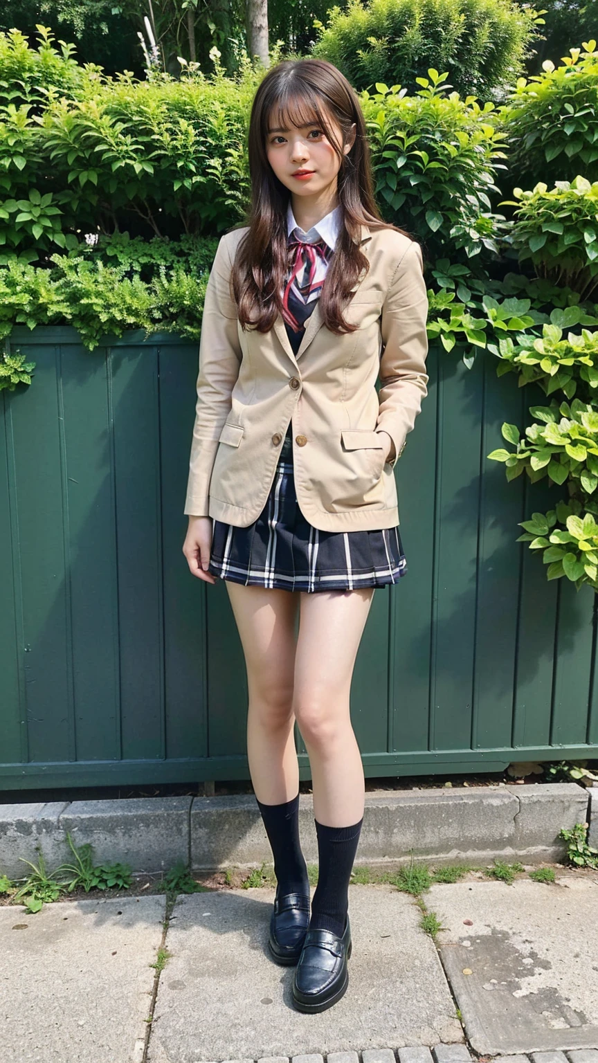 (8K、RAW Photos、Highest quality、masterpiece:1.2)、(Realistic、Realistic)、1 Girl、((Black Check Mini Skirt、High School Uniform、blazer、Navy Socks、loafers、Medium Hair、garden、View from the front、Looking into the camera、Stand with hands on hips))、cute