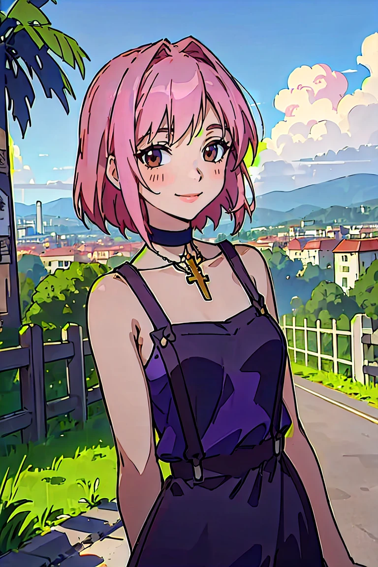 (masterpiece, best quality:1.2), platalissa bonaire, 1girl, bare shoulders, breasts, choker, collarbone, cross, dress, jewelry, looking at viewer, necklace, parted lips, pink hair, purple dress, short hair, braided hair, sleeveless, big breasts, solo, tattoo, bangs, (suspenders:1.32), black choker, black dress, cross necklace, belt, sleeveless dress, medium hair, upper body, background with ((architecture, blue sky, building, bush, castle, city, cityscape, cloud, cloudy sky, day, fence, field, garden, grass, ground vehicle, hill, house, lamppost, landscape, mountain, mountainous horizon, nature, no humans, outdoors, palm tree, park, path, pavement, plant, road, rock, scenery, shrine, sky, skyline, skyscraper, street, tower, tree, tree shade, wall)), cowboy shot, anime, anime style