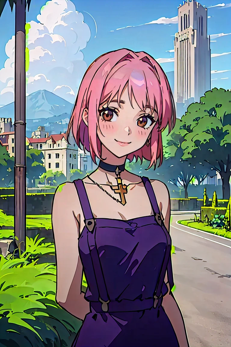 (masterpiece, best quality:1.2), platalissa bonaire, 1girl, bare shoulders, breasts, choker, collarbone, cross, dress, jewelry, looking at viewer, necklace, parted lips, pink hair, purple dress, short hair, braided hair, sleeveless, big breasts, solo, tattoo, bangs, (suspenders:1.32), black choker, black dress, cross necklace, belt, sleeveless dress, medium hair, upper body, background with ((architecture, blue sky, building, bush, castle, city, cityscape, cloud, cloudy sky, day, fence, field, garden, grass, ground vehicle, hill, house, lamppost, landscape, mountain, mountainous horizon, nature, no humans, outdoors, palm tree, park, path, pavement, plant, road, rock, scenery, shrine, sky, skyline, skyscraper, street, tower, tree, tree shade, wall)), cowboy shot, anime, anime style