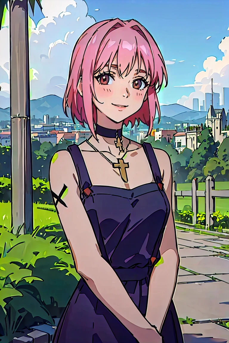 (masterpiece, best quality:1.2), platalissa bonaire, 1girl, bare shoulders, breasts, choker, collarbone, cross, dress, jewelry, looking at viewer, necklace, parted lips, pink hair, purple dress, short hair, braided hair, sleeveless, big breasts, solo, tattoo, bangs, (suspenders:1.32), black choker, black dress, cross necklace, belt, sleeveless dress, medium hair, upper body, background with ((architecture, blue sky, building, bush, castle, city, cityscape, cloud, cloudy sky, day, fence, field, garden, grass, ground vehicle, hill, house, lamppost, landscape, mountain, mountainous horizon, nature, no humans, outdoors, palm tree, park, path, pavement, plant, road, rock, scenery, shrine, sky, skyline, skyscraper, street, tower, tree, tree shade, wall)), cowboy shot, anime, anime style