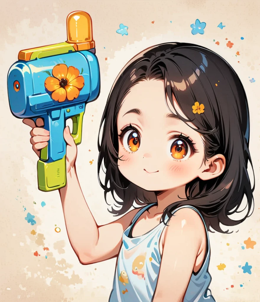 Short black hair、older sister、Play with a water gun、Gardenia flowers、large white flowers、Cartoon style character design，1 Girl, alone，Big eyes，Cute expression，Tank top、interesting，interesting，Clean Lines