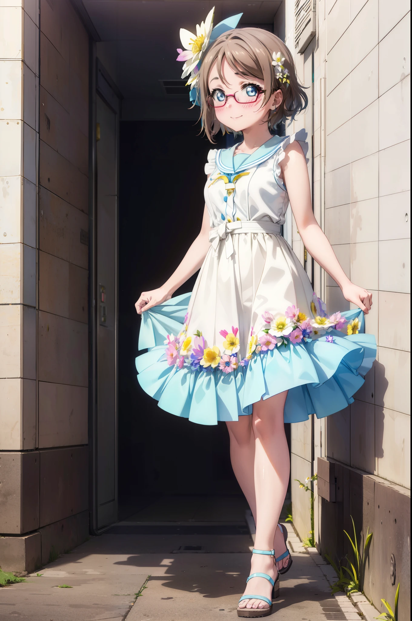 Yo Watanabe, Watanabe Yo, short hair, blue eyes, Brown Hair, smile, blush,Open your mouth,Flower Hair Ornaments,Black-rimmed glasses,Light blue sleeveless dress,Long skirt,Cute heeled sandals,Walking,Daytime,Clear skies,whole bodyがイラストに入るように
break outdoors, Building district,
break looking at viewer, whole body,
break (masterpiece:1.2), Highest quality, High resolution, unity 8k wallpaper, (figure:0.8), (Beautiful attention to detail:1.6), Highly detailed face, Perfect lighting, Highly detailed CG, (Perfect hands, Perfect Anatomy),