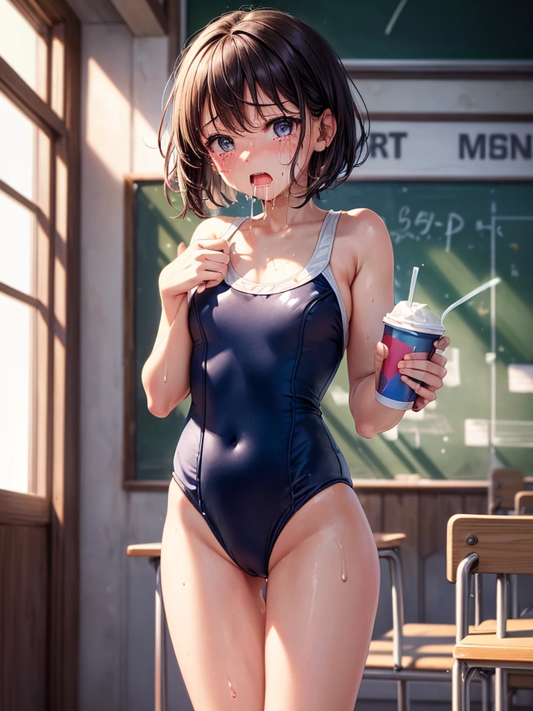Highest quality,Highest Resolution,(((School Swimsuit)))A crying ,(((Open your mouth and drool))),High leg,whole body,Tears,Sweating profusely,(((Holding a cup in your hand))),indoor,Very beautiful eyes,Short Bob,