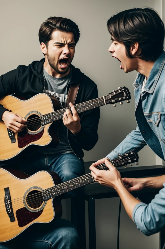 A person with a guitar and another person yelling at him