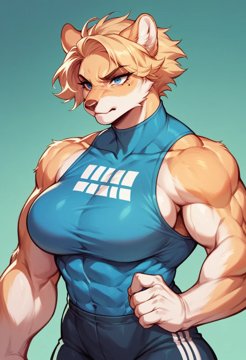 woman strong, musclegirl, blondie hair, blue colored eyes, Russian traits, white animal fur clothes