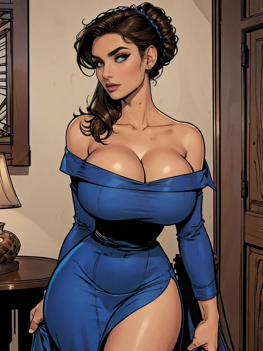 Gorgeous and sultry busty athletic (thin) brunette with sharp facial features wearing a dark blue off-shoulder sleeveless dress, updo