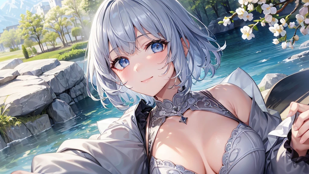 Ultra HD,Look at the viewers, Put your hands behind your back, With a girl, 20-year-old, 非常にShort Hair, Long bangs between the eyes, Pale blue eyes, Very detailed,(masterpiece、Highest quality),Gray Hair、Laughter、Fantastic, Silver Hair, Iris, Short hair、 Fluttering Hair、Small Face、明るいsmile、(Detailed face) ,Professional Lighting,Wonderful landscape,blue sky, sunlight,Looking down from above,Portraiture、Open your mouth、Flower Field、Her eyes were shining、Mysterious and enchanting atmosphere。With AI Painting、とてもShort Hair, Long bangs between the eyes, Very detailed,(masterpiece、Highest quality)、alone、Gray Hair、Fantasy, Silver Hair, Fantasyな風景、White shirt、smile、Open your mouth、short hair、Short Hair、hairpin、black eye、Grey Eyes、Beautiful Eyes、