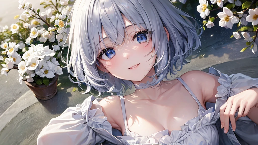 Ultra HD,Look at the viewers, Put your hands behind your back, With a girl, 20-year-old, 非常にShort Hair, Long bangs between the eyes, Pale blue eyes, Very detailed,(masterpiece、Highest quality),Gray Hair、Laughter、Fantastic, Silver Hair, Iris, Short hair、 Fluttering Hair、Small Face、明るいsmile、(Detailed face) ,Professional Lighting,Wonderful landscape,blue sky, sunlight,Looking down from above,Portraiture、Open your mouth、Flower Field、Her eyes were shining、Mysterious and enchanting atmosphere。With AI Painting、とてもShort Hair, Long bangs between the eyes, Very detailed,(masterpiece、Highest quality)、alone、Gray Hair、Fantasy, Silver Hair, Fantasyな風景、White shirt、smile、Open your mouth、short hair、Short Hair、hairpin、black eye、Grey Eyes、Beautiful Eyes、