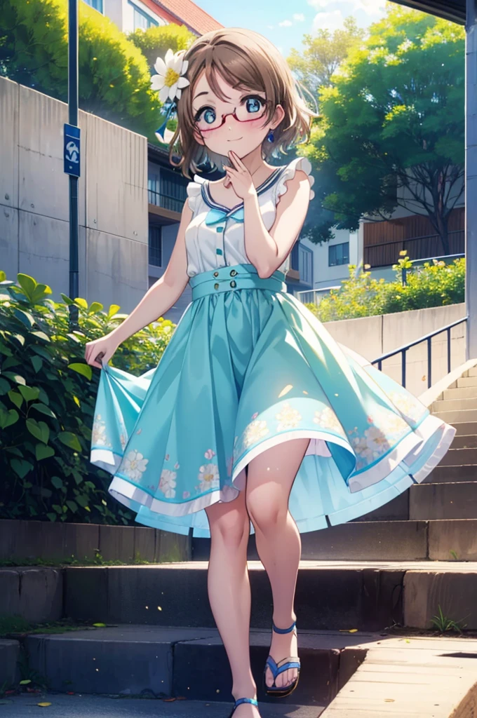 Yo Watanabe, Watanabe Yo, short hair, blue eyes, Brown Hair, smile, blush,Open your mouth,Flower Hair Ornaments,Black-rimmed glasses,Light blue sleeveless dress,Long skirt,Cute heeled sandals,Walking,Daytime,Clear skies,whole bodyがイラストに入るように
break outdoors, In town,
break looking at viewer, whole body,
break (masterpiece:1.2), Highest quality, High resolution, unity 8k wallpaper, (figure:0.8), (Beautiful attention to detail:1.6), Highly detailed face, Perfect lighting, Highly detailed CG, (Perfect hands, Perfect Anatomy),