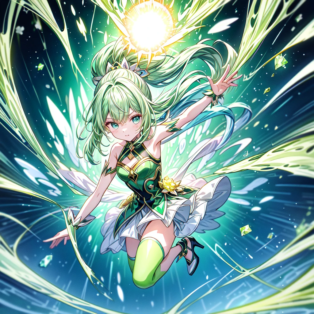 masterpiece, Highest quality, Anime Style, Green crystal girl, Long pink hair, ponytail, blue eyes, green glass, Transparency, Green light particles, Green Aura, effect, action, Flying kick, Stiletto heels, Translucent green clothing, wind effect dancing from the hands, Shiny green background, Full Body Shot, White light particles, yellowの光粒子, Gloss, Gloss, Three-dimensional, Concave and convex, Explosive power, Spirit, There is a sense of tension, urgent, And fierce battle; This composition depicts the girl from a distance; A powerful green energy wave is released; Lightning flashes behind her, The surroundings are illuminated in green.. She is surrounded by a blue aura, purple, yellow. Powerful and dramatic. Dynamic and colorful visuals. This anime uses soft, watercolor-like brushstrokes to create delicate lines., Multiple cells are stacked、The texture of the ink is expressed. Bringing out quality through meticulous work., Gloss感, Gloss