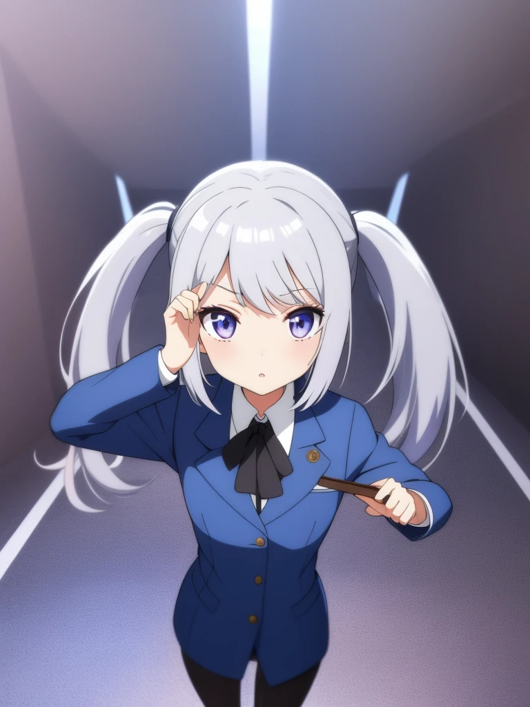 1girl, anime girl, silver hair, long twintails, silver eyes, dark blue school suit, anime wallpaper scene