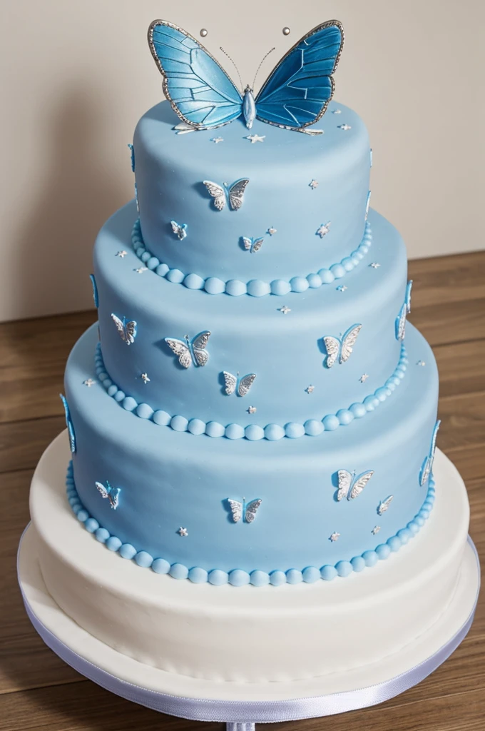 Two-tier Cinderella themed 15th birthday cakes in sky blue gradient decorated with silver and indigo blue butterflies