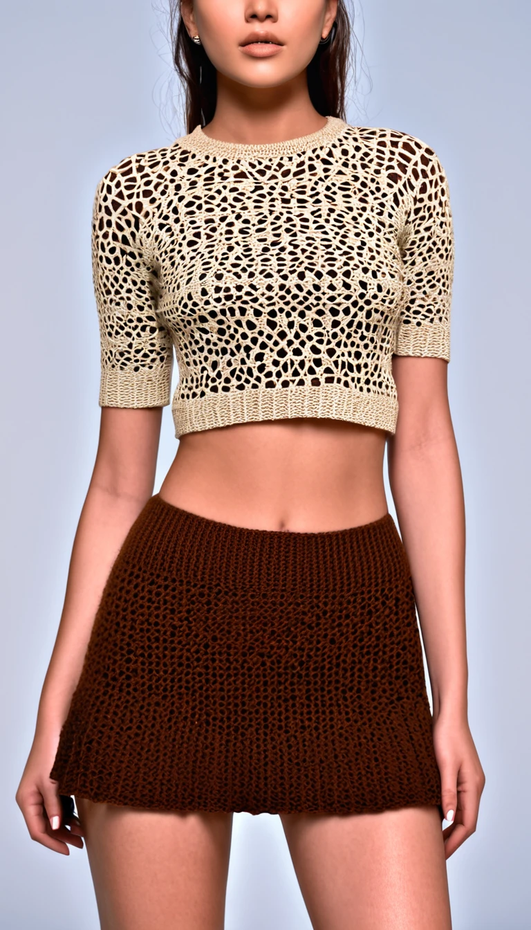 a close up of a woman wearing a knitted top and brown skirt, a digital rendering by Niko Henrichon, trending on cg society, net art, wearing a sexy cropped top, intriguing outfit, crop top, wearing crop top, wearing a crop top, wearing a cute top, croptop, crochet skin, wearing a cropped top, croptop and shorts