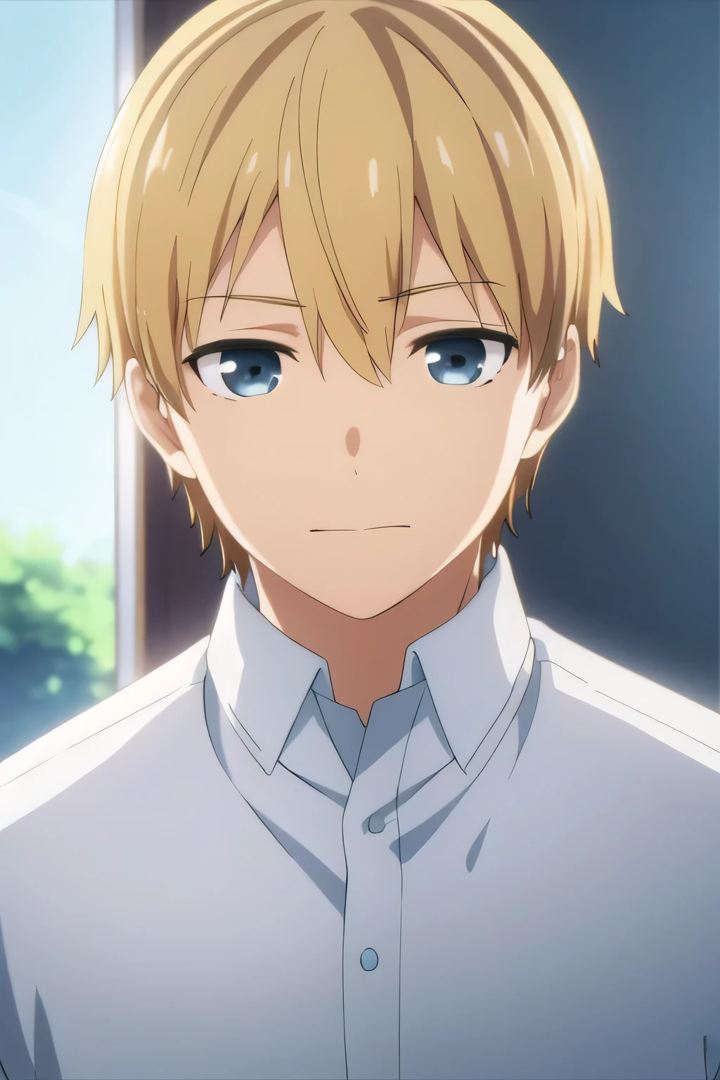 masterpiece, best quality, photorealistic, 1boy, solo, male focus, looking at viewer, upper body, depth of field, , , amatsuyu_kisaragi, blond hair, blue eyes