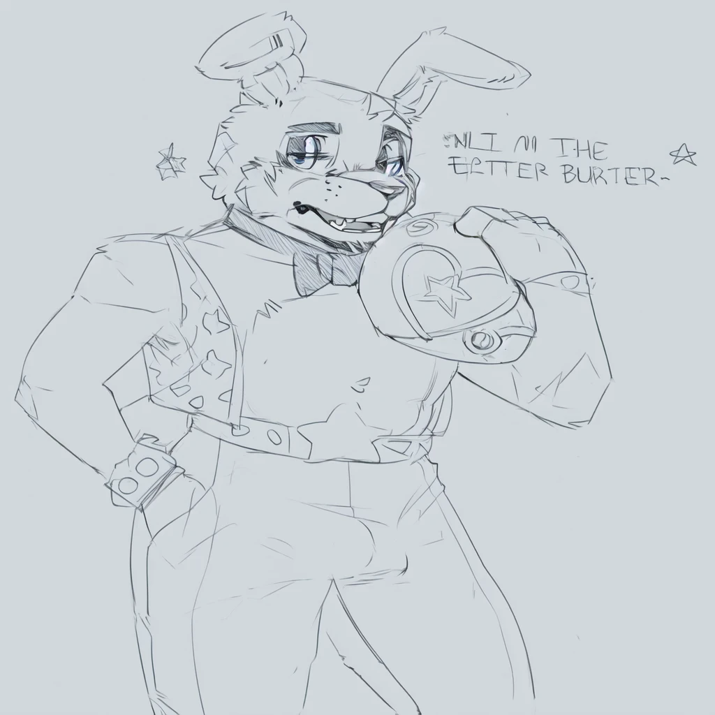 there is a drawing of a rabbit with a helmet and a helmet, professional furry drawing, heavy lineart, commission of freddy fazbear, detailed but rough, thick lineart, fursona furry art commission, furry character, thicc, thick black lineart, sketchy artstyle, commission for high res, fursona commission, best quality, erection, thick cock, pants down,
