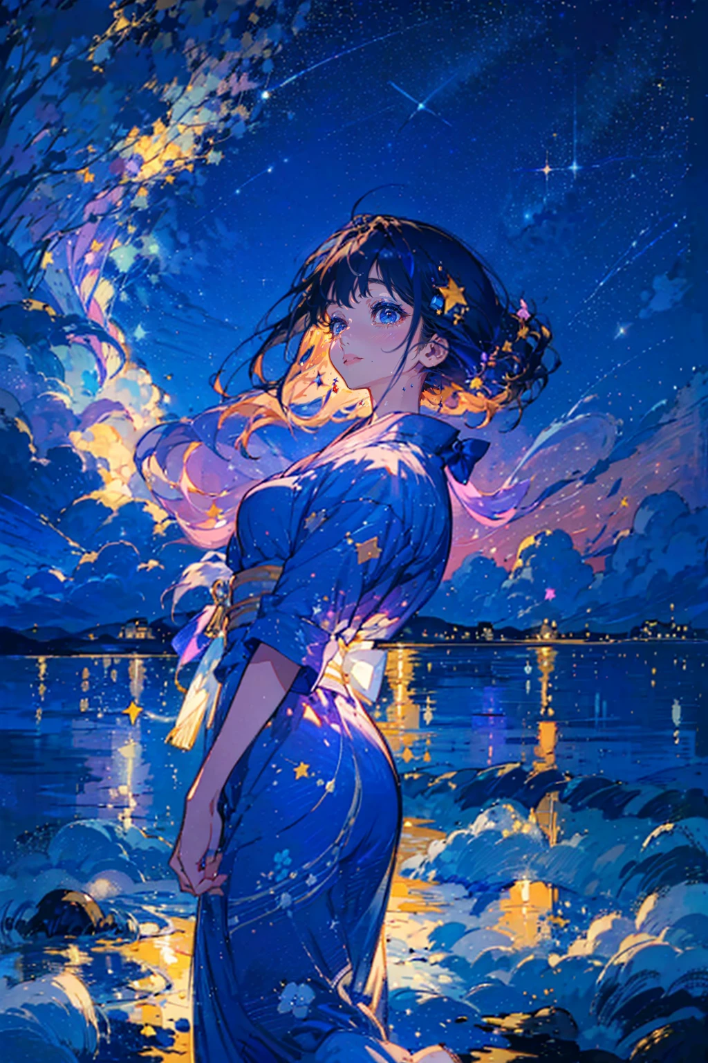 1girl,solo,cool,yukata,perfect face,perfect fingers,look up,she is seeing the sky,star night,starry night,low angle,fanxing,fantastic