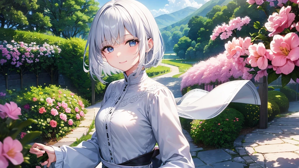 Ultra HD,Look at the viewers, Put your hands behind your back, With a girl, 20-year-old, 非常にShort Hair, Long bangs between the eyes, Pale blue eyes,  Very detailed,(masterpiece、Highest quality),Gray Hair、Laughter、Fantastic, Silver Hair, Iris,  Short hair、 Fluttering Hair、Small Face、明るいsmile、(Detailed face) ,Professional Lighting,Wonderful landscape,blue sky, sunlight,Looking down from above,Portraiture、Open your mouth、Flower Field、Her eyes were shining、Mysterious and enchanting atmosphere。With AI Painting、とてもShort Hair, Long bangs between the eyes, Very detailed,(masterpiece、Highest quality)、alone、Gray Hair、Fantasy, Silver Hair, Fantasyな風景、White shirt、smile、Open your mouth、short hair、Short Hair、hairpin、black eye、Grey Eyes、Beautiful Eyes、
