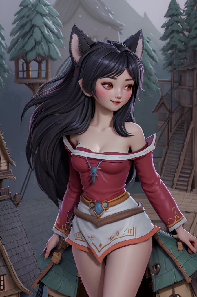 close up 1girl in, Ahri, league of legends, teenager, Solo, long hair, super long black hair, pale skin, full medium breasts, cleavage, runners body, (thin hips, thin waist: 1.25), (arched back:1.12), detailed skin, neutral face, shy smile, revealing clothes, (wearing fox ears, multiple fox tails, off the shoulder nsfw kimono: 1.1), (detailed tree house village background:1.4), dark rooftop, overlooking apocalyptic city, 4k textures, soft light, elegant, highly detailed, sharp focus, soothing tones, insane details, intricate details, hyperdetailed, low contrast, exposure blend, hdr, faded