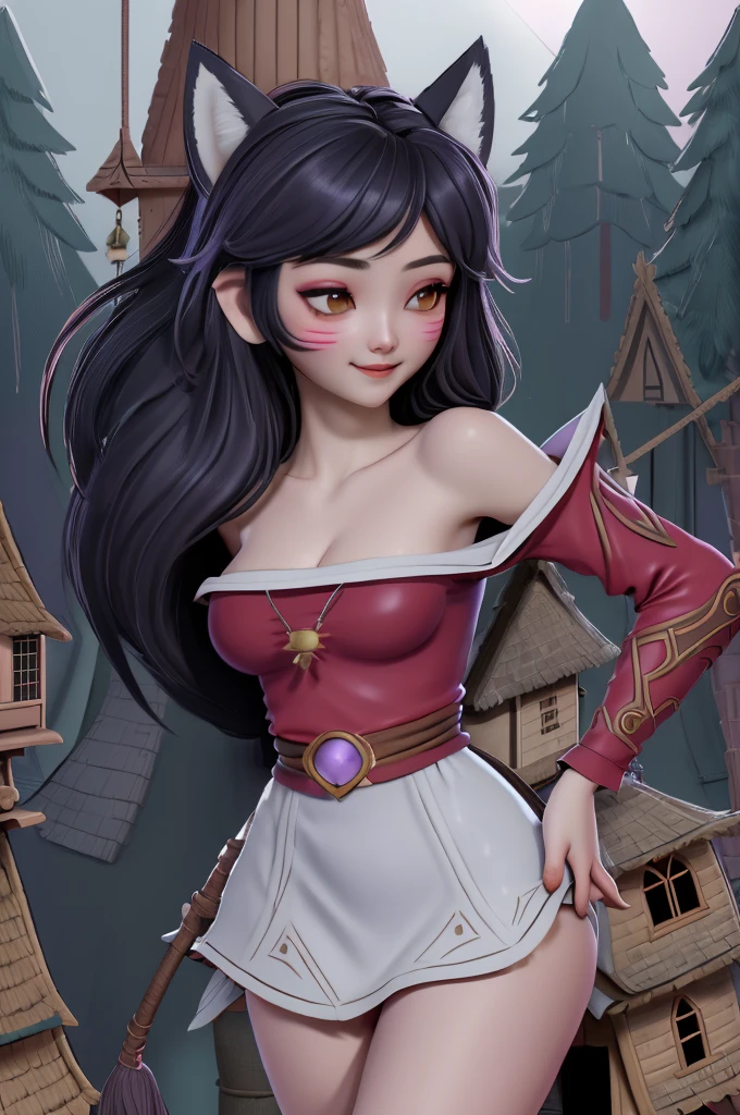 close up 1girl in, Ahri, league of legends, teenager, Solo, long hair, super long black hair, pale skin, full medium breasts, cleavage, runners body, (thin hips, thin waist: 1.25), (arched back:1.12), detailed skin, neutral face, shy smile, revealing clothes, (wearing fox ears, multiple fox tails, off the shoulder nsfw kimono: 1.1), (detailed tree house village background:1.4), dark rooftop, overlooking apocalyptic city, 4k textures, soft light, elegant, highly detailed, sharp focus, soothing tones, insane details, intricate details, hyperdetailed, low contrast, exposure blend, hdr, faded