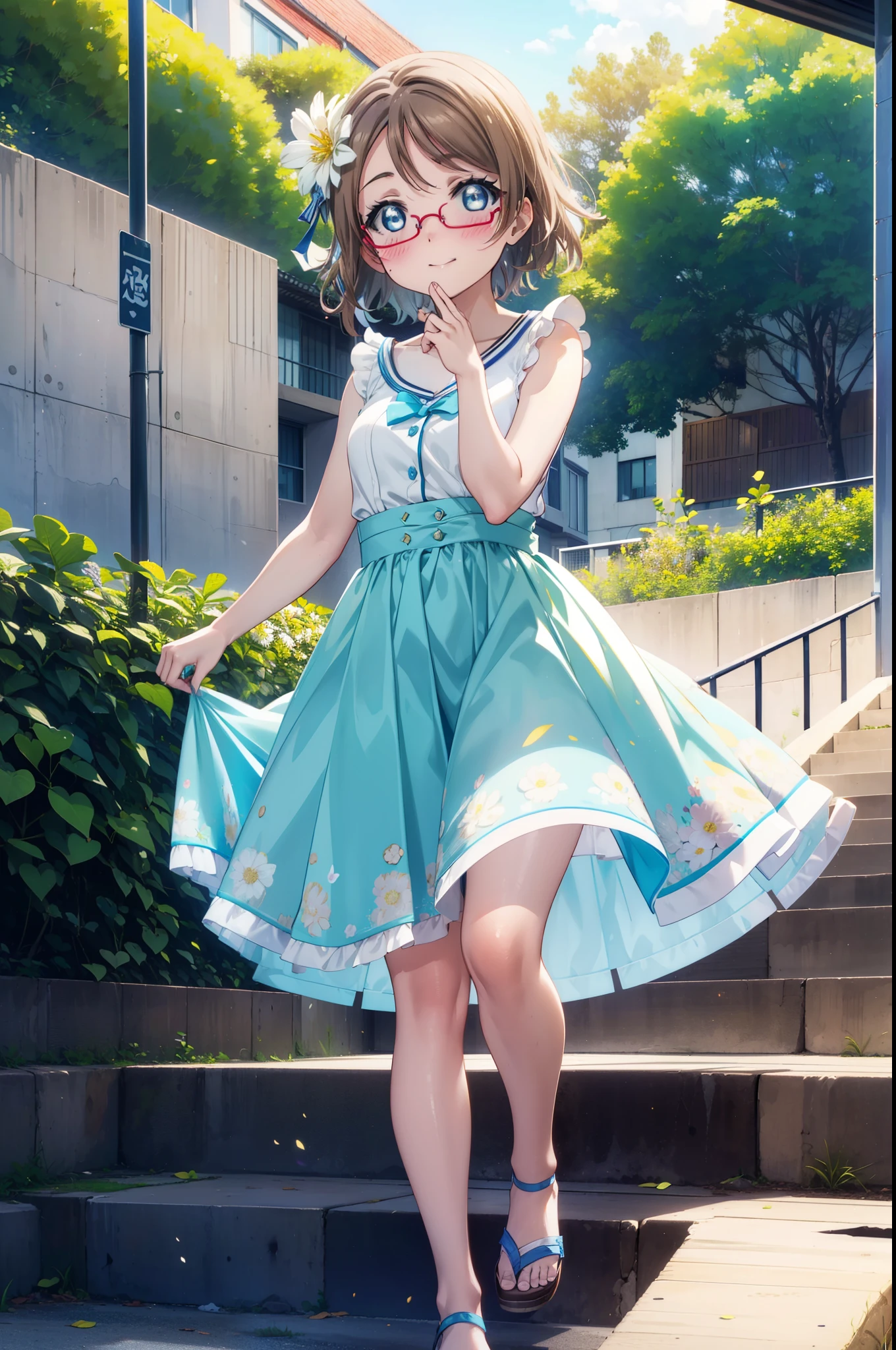 Yo Watanabe, Watanabe Yo, short hair, blue eyes, Brown Hair, smile, blush,Open your mouth,Flower Hair Ornaments,Black-rimmed glasses,Light blue sleeveless dress,Long skirt,Cute heeled sandals,Walking,Daytime,Clear skies,whole bodyがイラストに入るように
break outdoors, In town,
break looking at viewer, whole body,
break (masterpiece:1.2), Highest quality, High resolution, unity 8k wallpaper, (figure:0.8), (Beautiful attention to detail:1.6), Highly detailed face, Perfect lighting, Highly detailed CG, (Perfect hands, Perfect Anatomy),