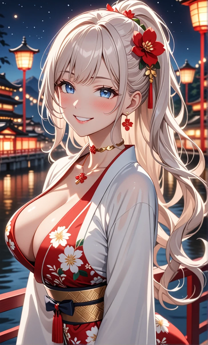 ultra-detailed, ((one girl)), ((a girl with white hair girl)), ((show off breast:1.3)), hyper detailed, absurdres, 8K, Beautiful Face, (Laugh shyly), ((teasing smile:1.8)), ((Wink:1.8)), (Laugh with your mouth wide open),((Tilt your head:1.1)), View your viewers, ((Bright red cheeks:1.6)),Glossy Red Lips, ((Big Breasts:1.5)), (valley),night, Riverside,On Bridge, firework, (Brighten your face), ((Anime style background)),masterpiece, Highest quality, so beautiful,Latest, Complex details, (Pink long nails), (nail art), (ring),(bracelet), (Floral Choker),AI-generated, Complex,High resolution, Highest quality, super high quality,3D Images、3D Images,One person,((White long hair)),(High Ponytail), (wavy hair:1.3), Fair-skinned anime woman posing for a photo, ((Fine grain、blue eyes、glowing eyes:1.4)), ((add white color to blue eyes)), (Squint your eyes:1.1),a hyperRealistic , hyperRealistic , Realistic, Anime woman with long white hair, Smooth anime CG art, A girl in a gorgeous kimono with gold embroidery, ((black furisode:1.3),(Red floral pattern) ,Long flower hair ornament,Floral Earrings,Mature Body, tall,Abdominal muscles,Tight waist,((arched back:2.0)), (front view),