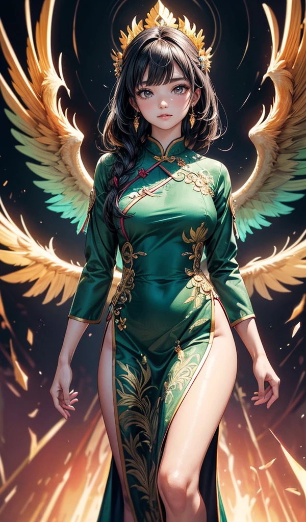 Please follow the all prompts below exactly and faithfully, This is a breathtaking masterpiece of digital illustration, with maximum resolution, UHD, 512K, 2160p, 10 million ppi, 300 million dpi, natural color tones, ultra sharp details, perfect outlines with contrast, ((smooth, soft and clearly and ultimate realistic skin and hair texture)), most beautiful detailed eye features, perfect anatomically correct human body, beautiful background with depth, rule of thirds, depth of field, Maximize all element is used to its full potential to create the best digital illustrations, A vibrant green cheongsam with golden phoenix embroidery, three-quarter sleeves, and a high slit, radiating elegance and vitality, vibrant colors.
