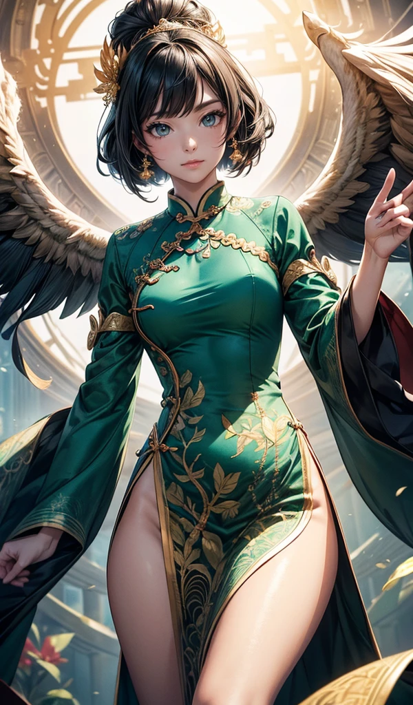 Please follow the all prompts below exactly and faithfully, This is a breathtaking masterpiece of digital illustration, with maximum resolution, UHD, 512K, 2160p, 10 million ppi, 300 million dpi, natural color tones, ultra sharp details, perfect outlines with contrast, ((smooth, soft and clearly and ultimate realistic skin and hair texture)), most beautiful detailed eye features, perfect anatomically correct human body, beautiful background with depth, rule of thirds, depth of field, Maximize all element is used to its full potential to create the best digital illustrations, A vibrant green cheongsam with golden phoenix embroidery, three-quarter sleeves, and a high slit, radiating elegance and vitality, vibrant colors.