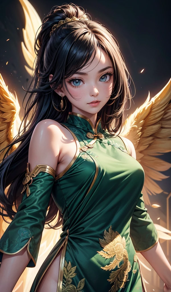 Please follow the all prompts below exactly and faithfully, This is a breathtaking masterpiece of digital illustration, with maximum resolution, UHD, 512K, 2160p, 10 million ppi, 300 million dpi, natural color tones, ultra sharp details, perfect outlines with contrast, ((smooth, soft and clearly and ultimate realistic skin and hair texture)), most beautiful detailed eye features, perfect anatomically correct human body, beautiful background with depth, rule of thirds, depth of field, Maximize all element is used to its full potential to create the best digital illustrations, A vibrant green cheongsam with golden phoenix embroidery, three-quarter sleeves, and a high slit, radiating elegance and vitality, vibrant colors.
