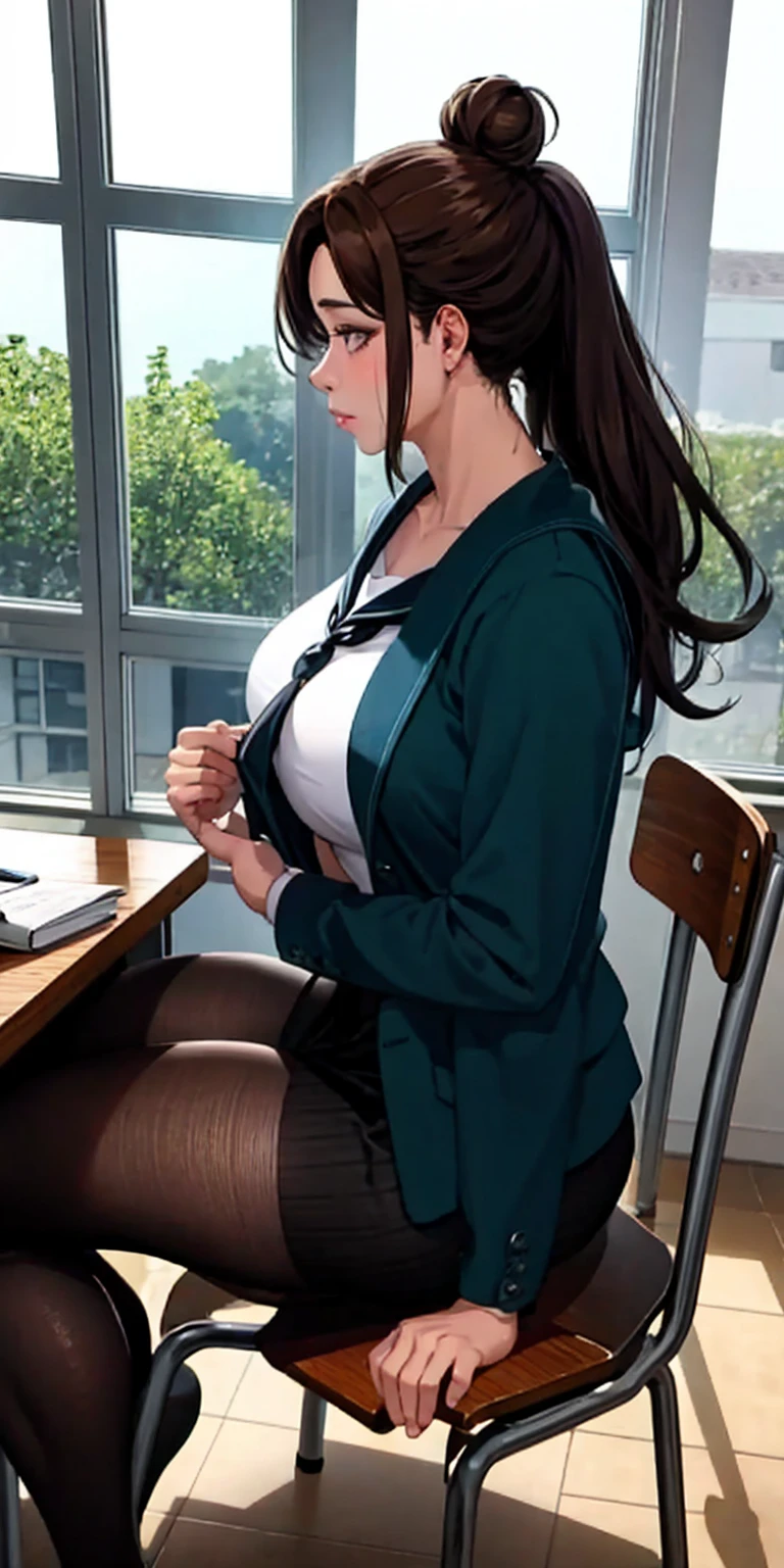 Model: AuntJune, auntjunev2 Hair: brown hair, hair bun, bangs, messy hair, ponytail, long hair Body: mature female, large breasts, lips, looking away Clothing: black pantyhose, black serafuku, skirt, sailor collar, jacket, school bag Scene: classroom, indoors, window, desk, school chair, chair, sitting, solo Lighting: cinematic lighting Focus: sharp focus