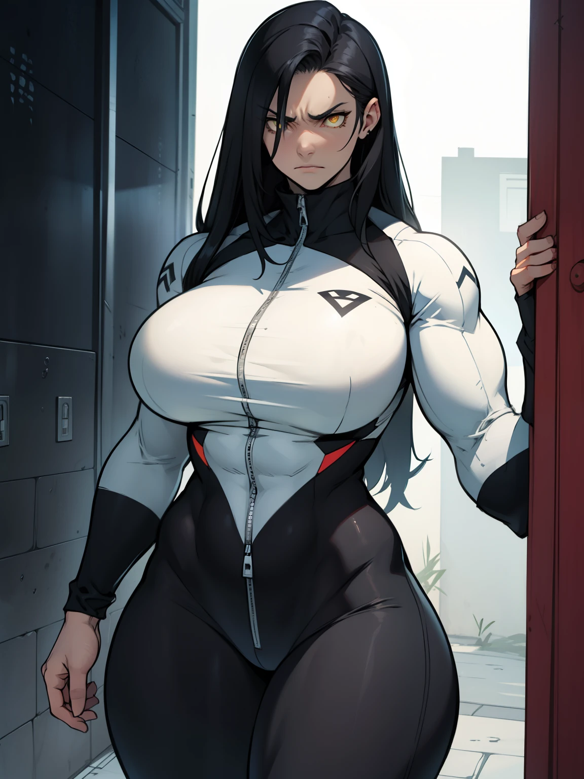 giant hair massive breasts huge muscles big thighs black hair yellow eyes pale skin angry sad girl thick as fuck long straight hair long straight hair tight fitting