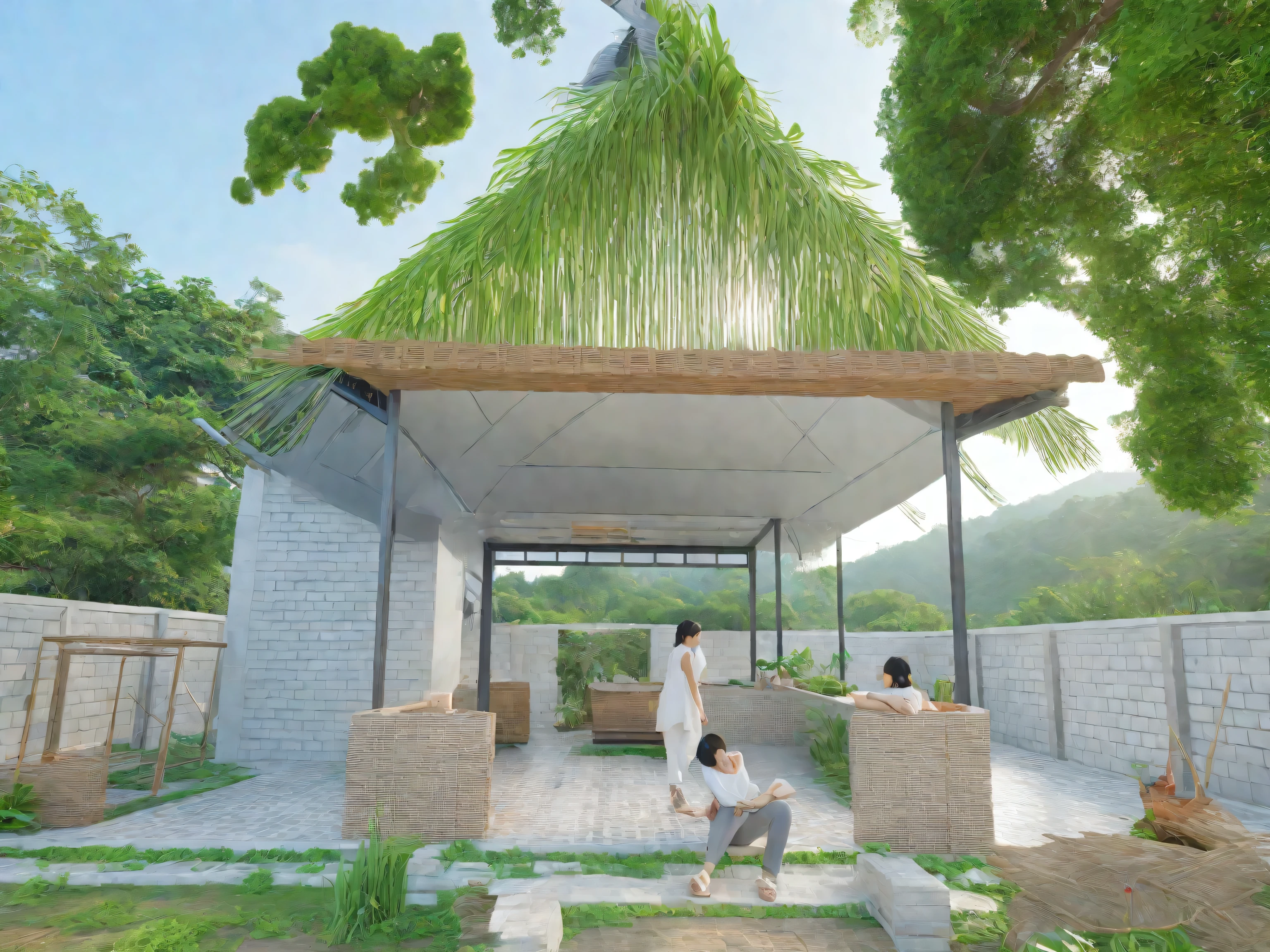 Real photo,Masterpiece, high quality, best quality, authentic, super detail,
exterior, outdoors, house, Nhamainhat, aiaigroup on the tropical garden, minimalist line,onestoreyvilla, modern style, gray tile roof
brick yard,grass,tropical trees, sky, (day:1.1),Tropical garden background