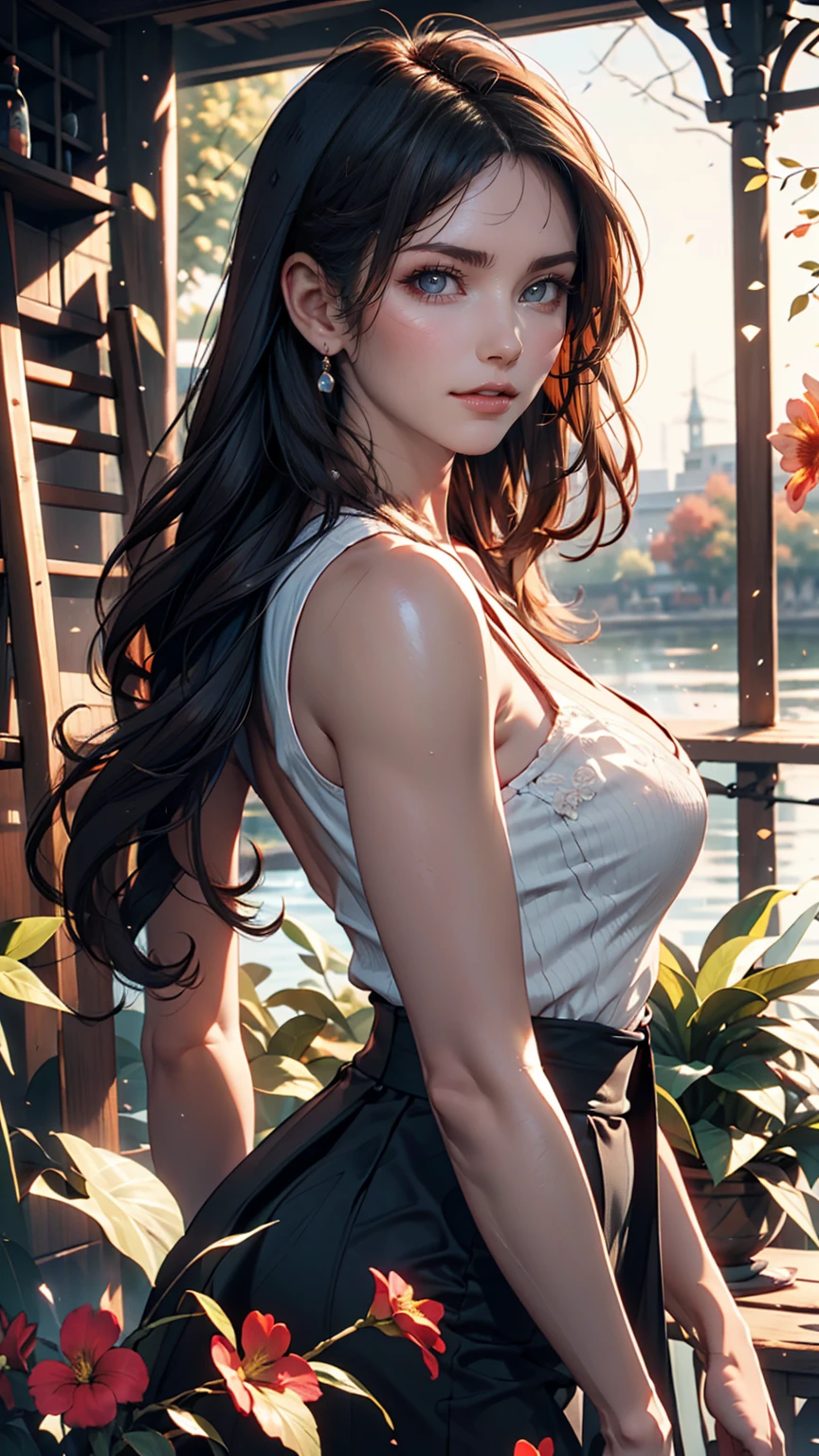 Portrait of a pretty woman in a bright and windy field, river, (Backlight), Realistic, masterpiece, Highest quality, Lens flare, shade, bloom, [[chromatic aberration]], Jeremy Lipking, Antonio J.. Manzanado, Digital Painting, Style - Glass Final, Natural skin texture