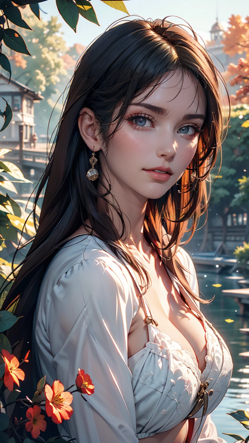 Portrait of a pretty woman in a bright and windy field, river, (Backlight), Realistic, masterpiece, Highest quality, Lens flare, shade, bloom, [[chromatic aberration]], Jeremy Lipking, Antonio J.. Manzanado, Digital Painting, Style - Glass Final, Natural skin texture