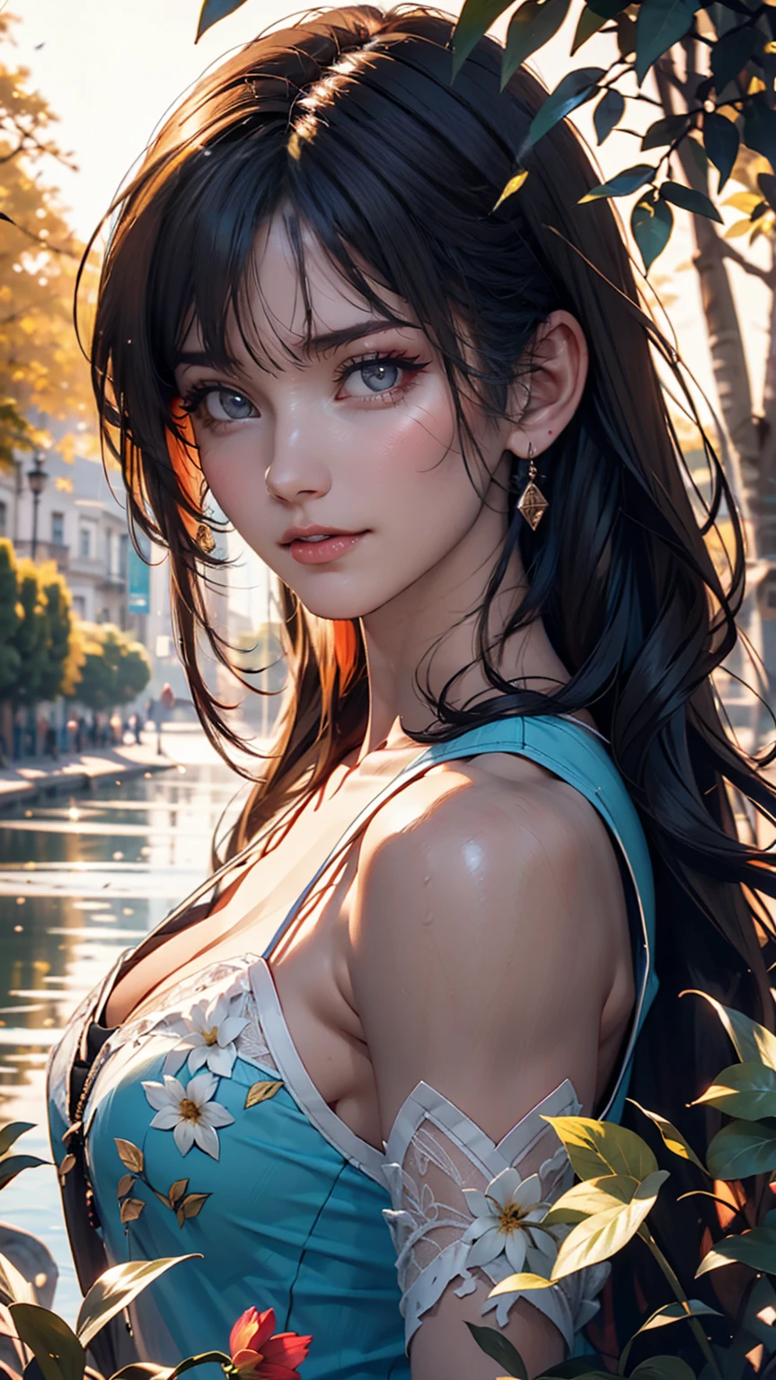 Portrait of a pretty woman in a bright and windy field, river, (Backlight), Realistic, masterpiece, Highest quality, Lens flare, shade, bloom, [[chromatic aberration]], Jeremy Lipking, Antonio J.. Manzanado, Digital Painting, Style - Glass Final, Natural skin texture