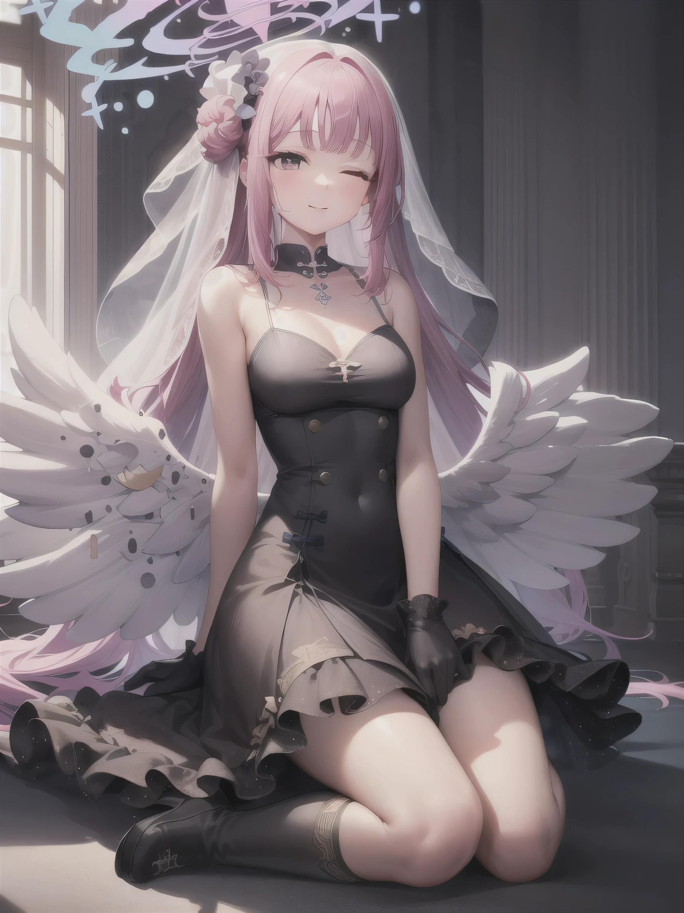 A girl，Long hair, bangs, Pink hair, Hair between the eyes, s eyes:（1.5),  (Medium breasts:1.2), 
rest clavicle, Wedding dress，Veil，wedding，Black dress，Flowers，The skirt is broken，Black socks，Black knee socks，Black gloves，boots，Cleavage，
Looking at the audience, whole body,
indoors, church，permanent，permanent，Smile，With eyes closed，With eyes closed，
rest (masterpiece:1.2), best quality, high resolution,  8k wallpaper, (illustration:0.8), (Beautiful and delicate eyes:1.6), Extremely detailed face, Perfect lighting, Extremely detailed CG, (Perfect hands, Perfect anatomical structure),