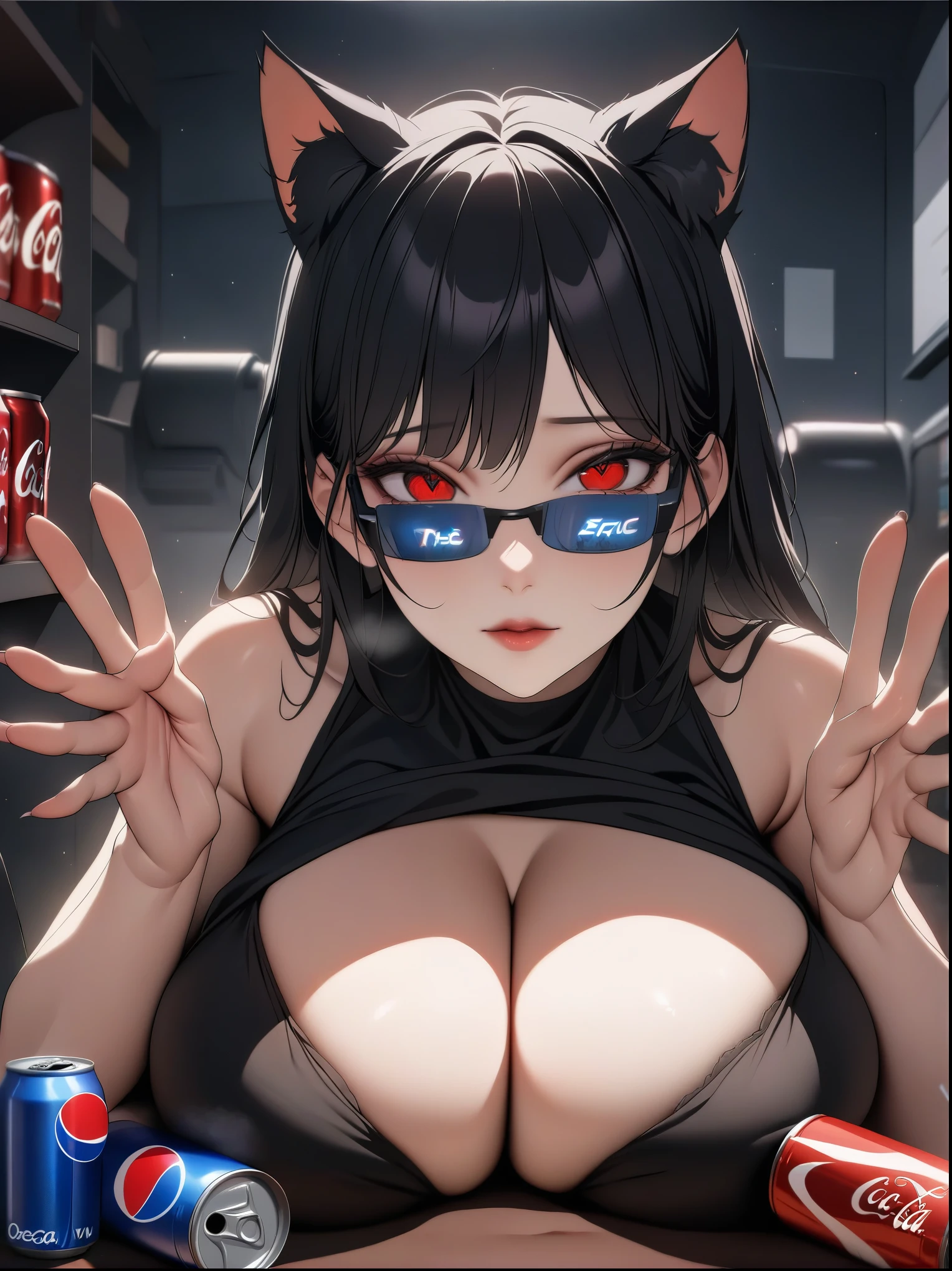 (1 woman beautiful detailed eyes, beautiful detailed lips, Alone, bra underneath dress, no cleavared chest, shoulders covered, perfect anatomy, large red eyes, long black hair, cat ears, rendered eyes, detailed eyes, alluring, nice hands, perfect eyes, detailed eyes, detailed short black hair, attractive woman , alluring, junkotvvxl orejas de gato, ojos rojos),((orejas de gato)), Masterpiece, high quality, 8k, ultra detailed, detailed face, huge breast, junkotresenting a choice of two drinks resting on his hands with open palms, can of coca-cola, can of pepsi, junkotvvxl, The Matrix, Reflective glasses, heart emoji underneath the coca-cola, dark blue thumbs up emoji below the can of pepsi, 8K HDR, Studio quality, Cinematic, intense, dramatic,