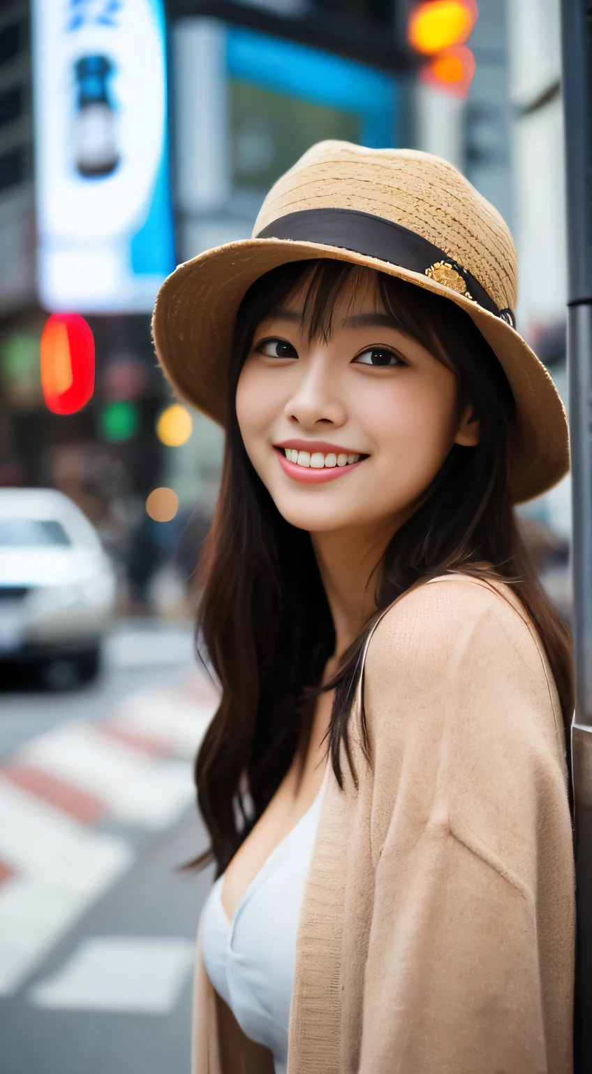 masterpiece,best quality,(Japanese ),((Beautiful girl)),cleavage,(perfect body beauty:1.2),(shy smile),beautiful teeth,(hat),(Shibuya scramble crossing),