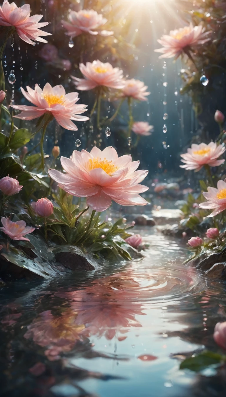 (((Intricate details:1.4))), (((Crazy details:1.4))),(((best quality:1.3))), (((Soft colors 4k highly detailed digital art:1.3))). | close up:Delicate water splashes form magical flowers, Like water reflecting light, Every drop of water is carefully drawn,And used the master-level gouache painting technique,Shrouded in the mysterious atmosphere of light and shadow art, Water splashes everywhere, good environment, Cleverly illuminated,fantasy art behance,Surreal, Its beauty and power are captured,It gives people a solemn atmosphere.